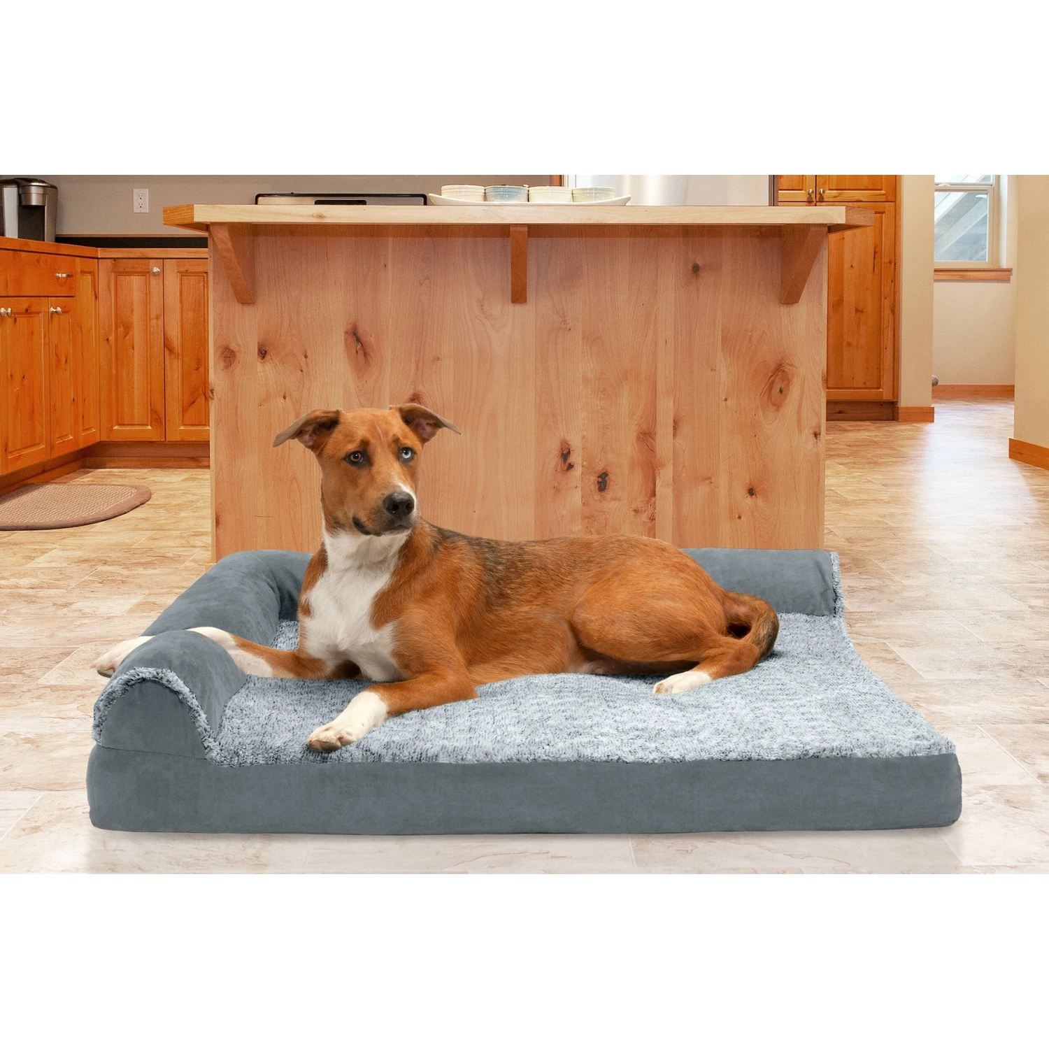 FurHaven Two Tone Faux Fur & Suede Deluxe Chaise Cooling Gel Dog & Cat Bed With Removable Cover 3 FurHaven Two Tone Faux Fur & Suede Deluxe Chaise Cooling Gel Dog & Cat Bed With Removable Cover
