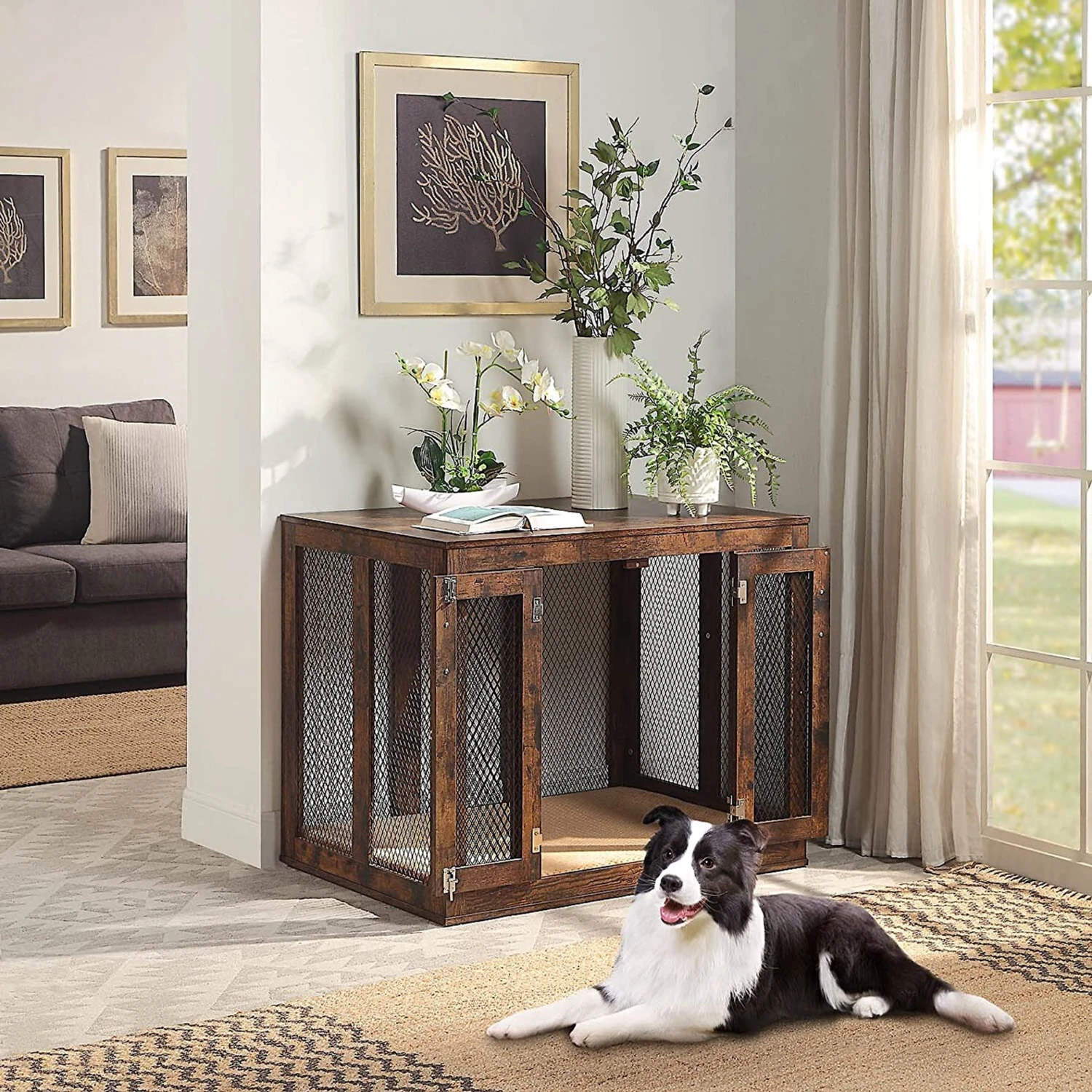 Unipaws Furniture Style Dog Crate With Tray, Rustic Brown 3 Unipaws Furniture Style Dog Crate With Tray, Rustic Brown
