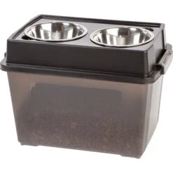 IRIS USA WeatherPro Airtight Elevated Pet Feeder With Food Storage Container & Bowls In Lid, Smoke/Black, 8-cup
