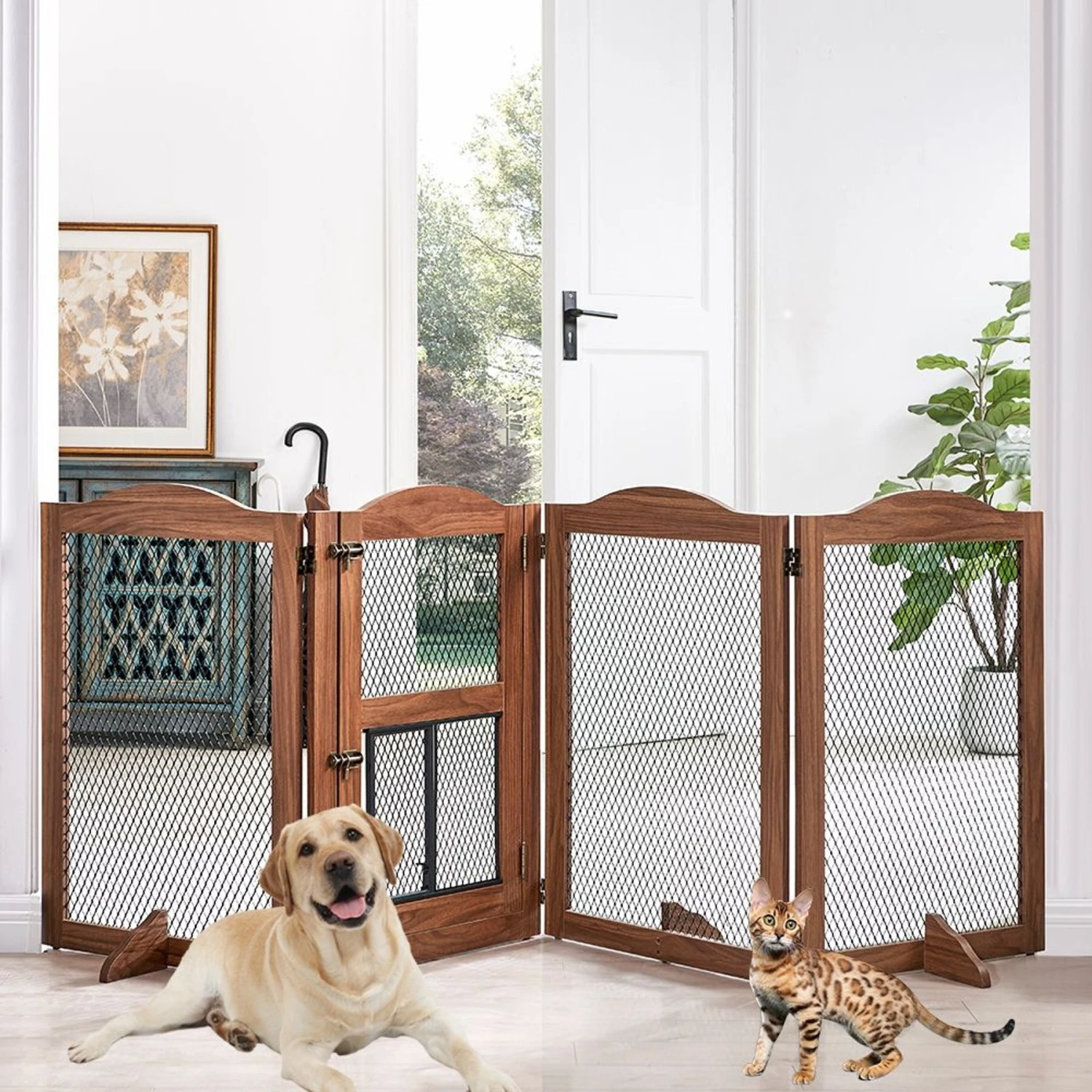 Unipaws 4 Panel Wire Mesh Dog & Cat Gate With Small Pet Door, Walnut, Large 4 Unipaws 4 Panel Wire Mesh Dog & Cat Gate With Small Pet Door, Walnut, Large - Image 2