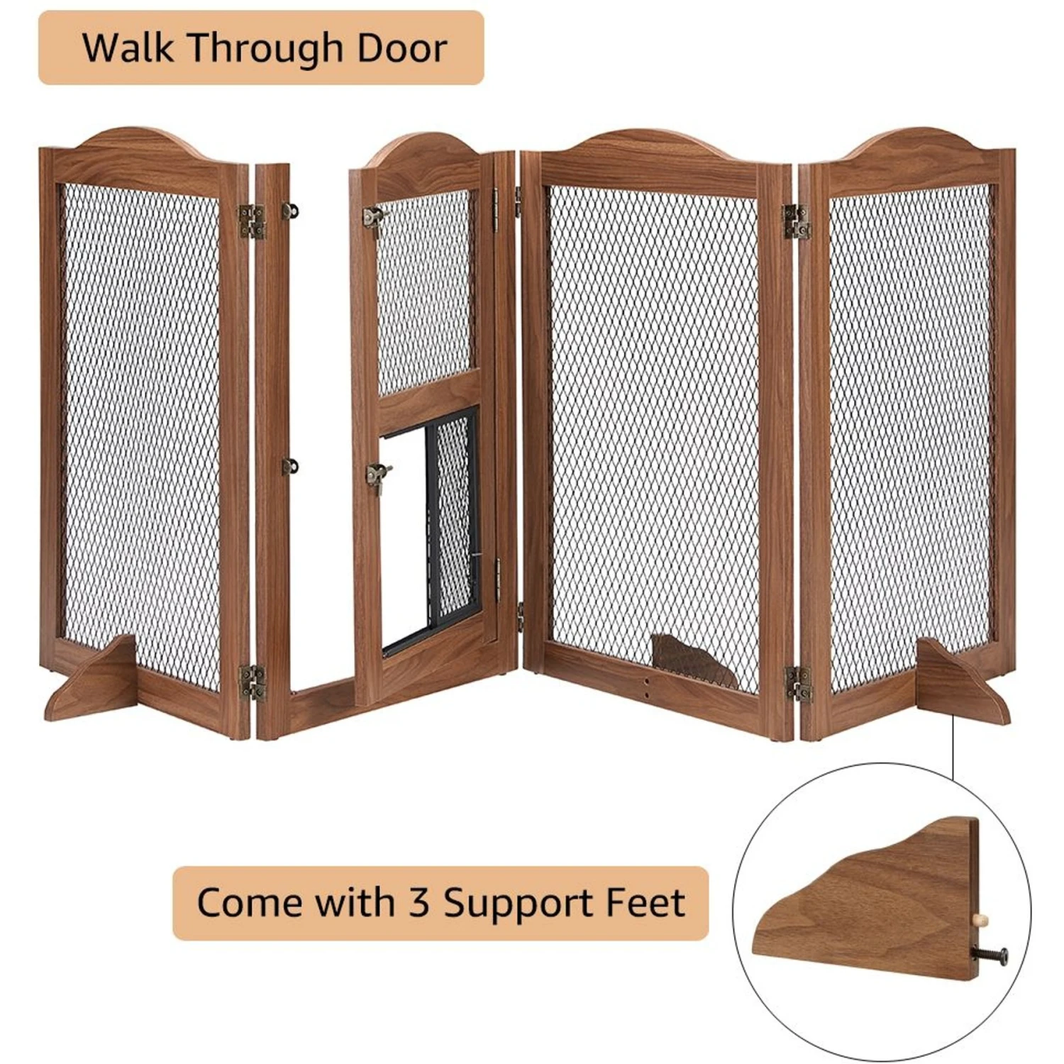Unipaws 4 Panel Wire Mesh Dog & Cat Gate With Small Pet Door, Walnut, Large 6 Unipaws 4 Panel Wire Mesh Dog & Cat Gate With Small Pet Door, Walnut, Large - Image 4