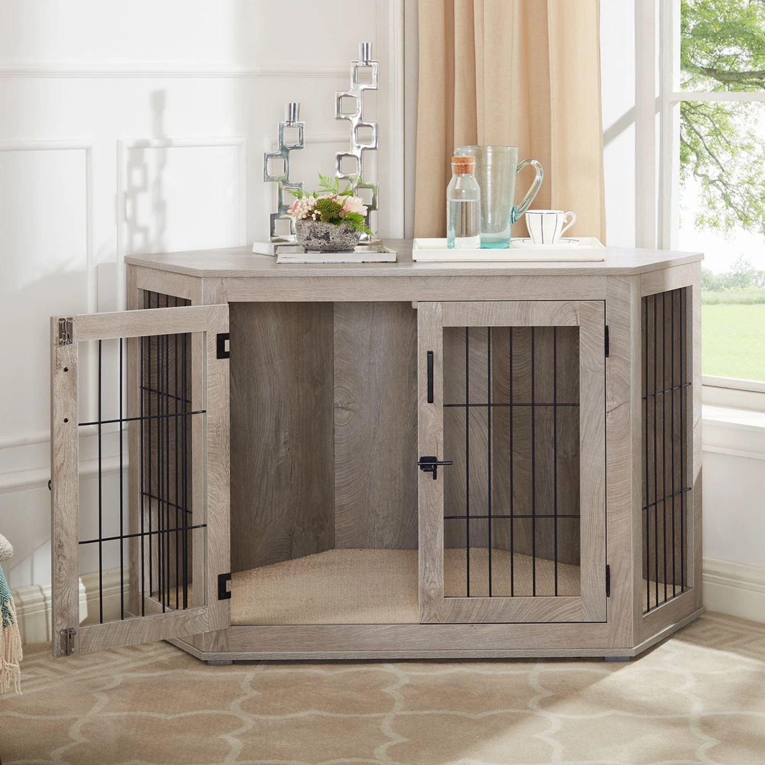 Unipaws Furniture Corner Dog Crate With Cushion, Weathered Grey 3 Unipaws Furniture Corner Dog Crate With Cushion, Weathered Grey