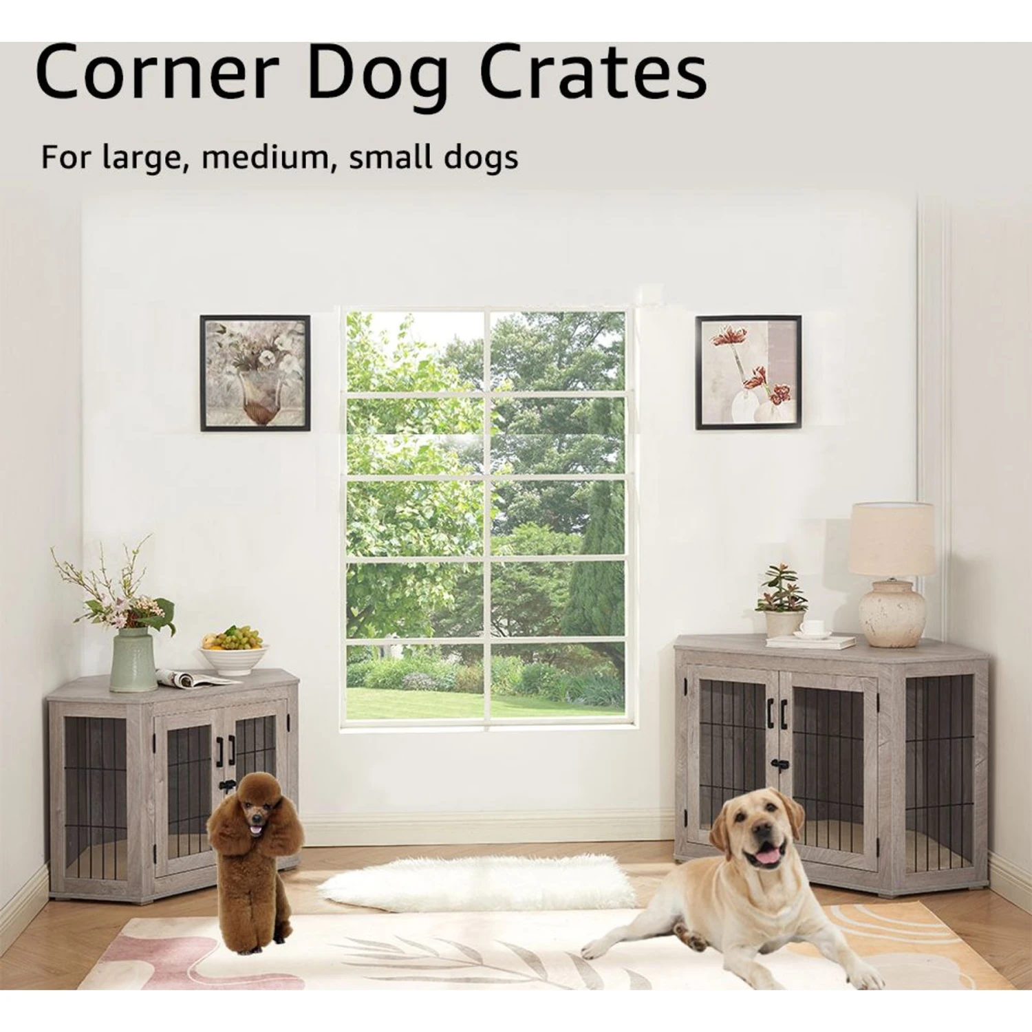 Unipaws Furniture Corner Dog Crate With Cushion, Weathered Grey 6 Unipaws Furniture Corner Dog Crate With Cushion, Weathered Grey - Image 4