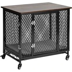 Aivituvin Side End Table Furniture Style Dog Crate With Tray, Cushion & Casters