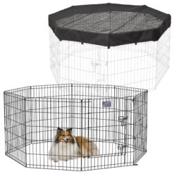 MidWest Wire Dog Exercise Pen With Step-Thru Door, Black E-Coat & MidWest Exercise Pen Top Fabric Mesh Sunscreen Accessory, Octagonal Configuration, Black